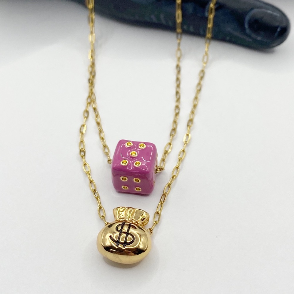 NEW Gold Money Bag & Pink Dice Layered Necklace - Picture 9 of 12